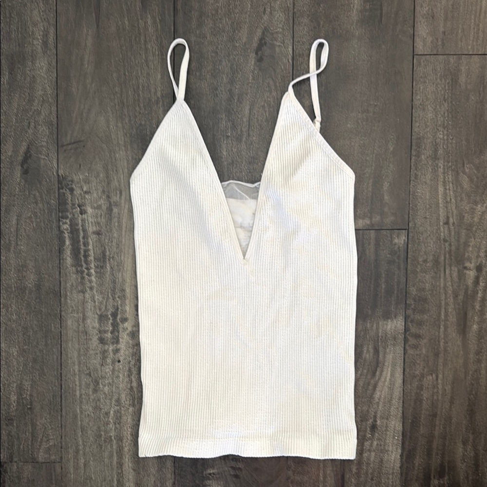white ribbed deep v mesh plunge spaghetti strap top — free people